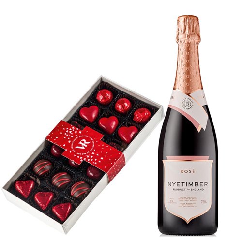 Nyetimber Rose English Sparkling Wine 75cl and Assorted Box Of Heart Chocolates 215g